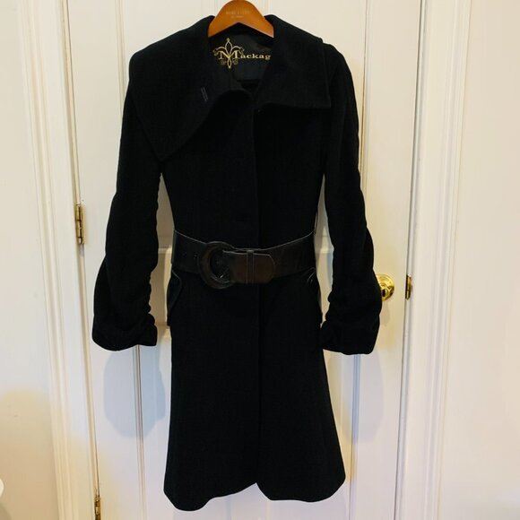 Mackage Coat Black Wool Cashmere Blend Leather Belt Trim Womens Size XS - Picture 3 of 16